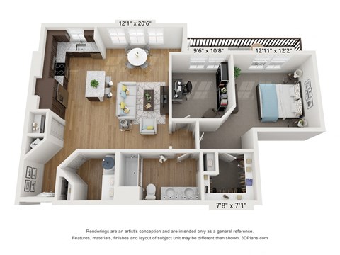 Floor plan for 1 bed, 1 bath, 1018 sqft